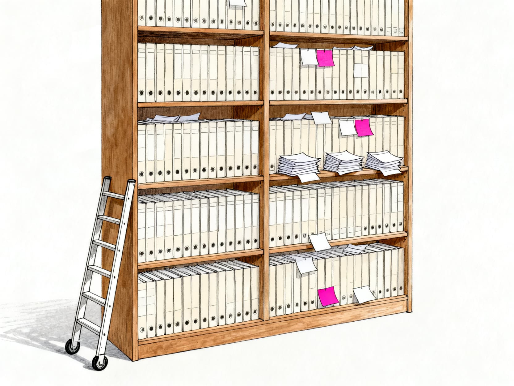 A tall wooden library shelf with rows of plain unlabeled binders and folded paper slips, a small rolling ladder leaning
