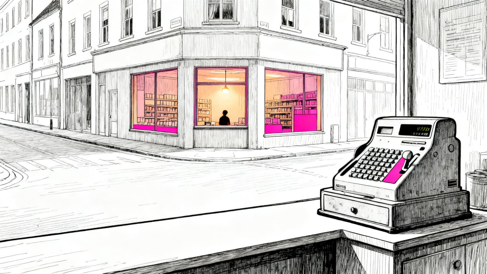 A quiet corner shop seen from across an empty street on a Sunday evening, warm light in the window, an old cash register