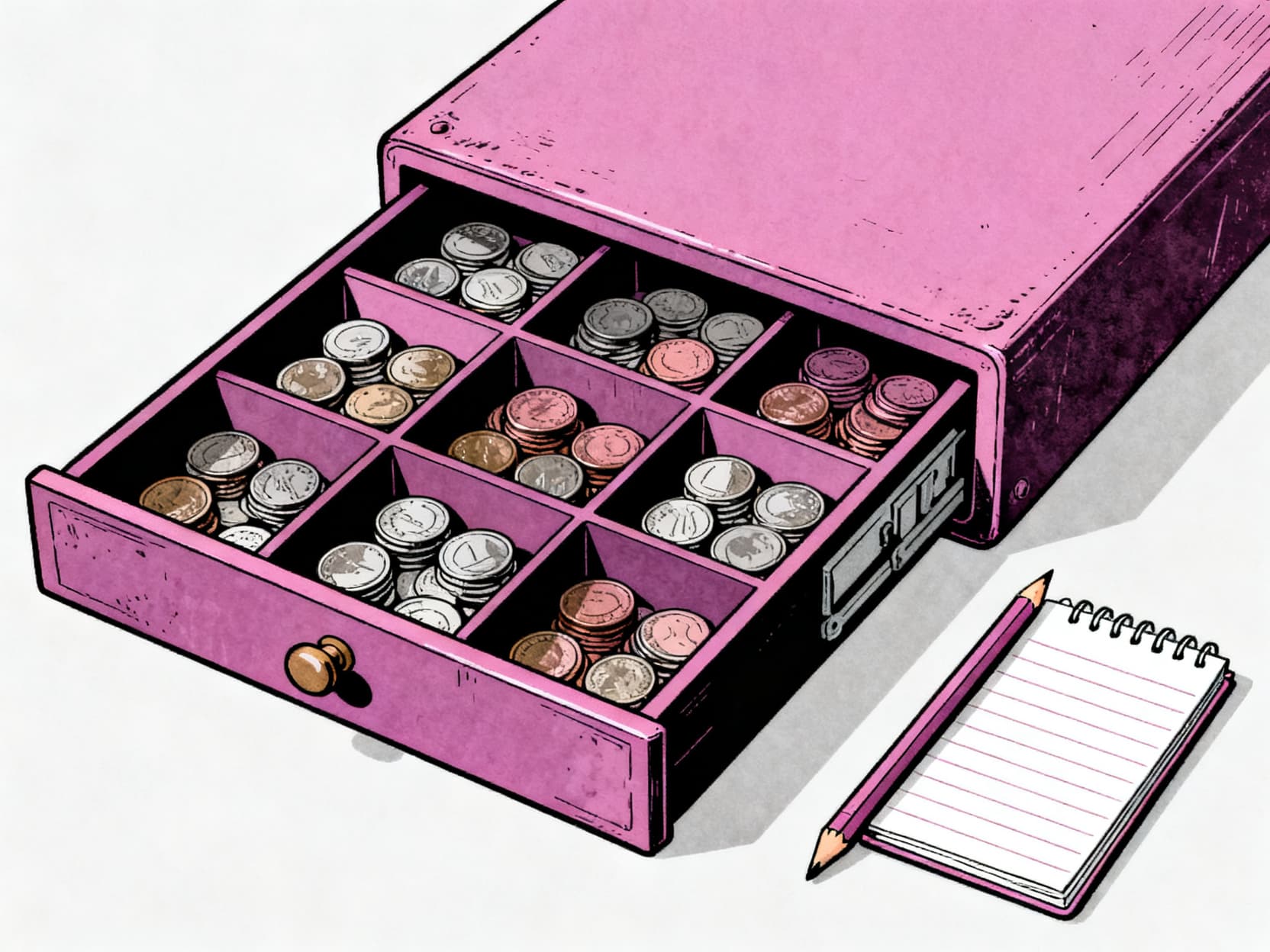 An open vintage shop cash drawer seen from above with coins sorted into neat compartments, a small ruled notebook and a
