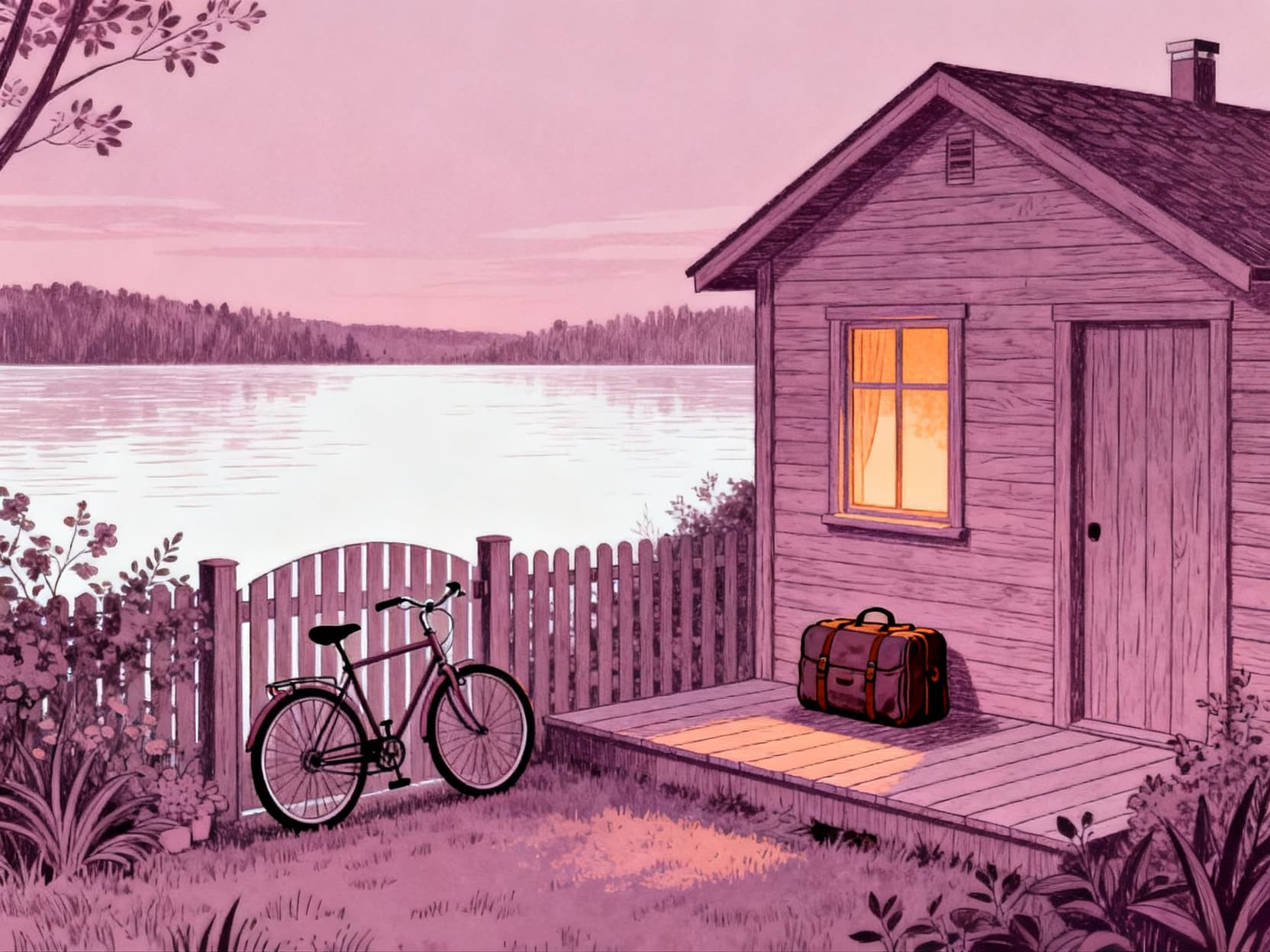 A small wooden house beside a calm lake at dusk with one warm lit window, a bicycle leaning at the garden gate and a pac